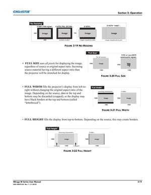 Page 57Section 3: Operation
Mirage M Series User Manual3-19020-100575-02  Rev. 1  (11-2010)
• FULL SIZE uses all pixels for displaying the image, 
regardless of source or original aspect ratio. Incoming 
source material having a different aspect ratio than 
the projector will be stretched for display. 
•FULL WIDTH fills the projector’s display from left-to-
right without changing the original aspect ratio of the 
image. Depending on the source, data at the top and 
bottom may be discarded (cropped), or the...