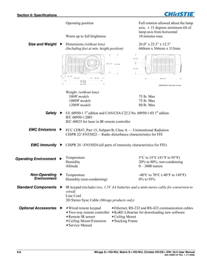 Page 130Section 6: Specifications  
6-6  Mirage S+/HD/WU, Matrix S+/HD/WU, Christie HD/DS+/DW, DLV User Manual  020-100001-07 Rev. 1 (11-2009) 
Operating position   Full rotation allowed about the lamp 
 axis,   15 degrees minimum tilt of 
  lamp axis from horizontal 
Warm up to full brightness  10 minutes max. 
Dimensions (without lens)  26.0” x 22.3” x 12.3”  
(Including feet at min. height position) 660mm x 566mm x 313mm  
 
Weight  (without lens) 
 500W models  75 lb. Max 
 1000W models  75 lb. Max 
 1200W...