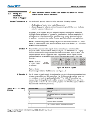 Page 33 Section 3: Operation 
Mirage S+/HD/WU, Matrix S+/HD/WU, Christie HD/DS+/DW, DLV User Manual  3-3 020-100001-07 Rev. 1 (11-2009) 
 
  Laser radiation is emitted from the laser diode in the remote. Do not look 
directly into the beam of the remote.
 
 
The projector is typically controlled using one of the following keypads: 
 Built-in Keypad located at the back of the projector  
 Remote Keypad for tethered or tether-less control up to 100 feet away (includes 
cable for use as a wired remote) 
While...