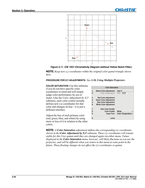 Page 78Section 3: Operation  
3-48  Mirage S+/HD/WU, Matrix S+/HD/WU, Christie HD/DS+/DW, DLV User Manual  020-100001-07 Rev. 1 (11-2009) 
 
Figure 3.11. CIE 1931 Chromaticity Diagram (without Yellow Notch Filter) 
NOTE: Keep new x,y coordinates within the original color gamut triangle shown 
here. 
PROCEDURE FOR X,Y ADJUSTMENTS:  See 3.10, Using Multiple Projectors. 
COLOR SATURATION: Use this submenu 
if you do not have specific color 
coordinates in mind and will simply 
judge color performance by eye or...