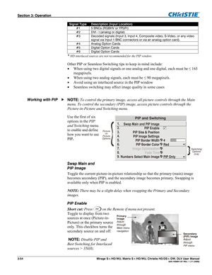 Page 84Section 3: Operation  
3-54  Mirage S+/HD/WU, Matrix S+/HD/WU, Christie HD/DS+/DW, DLV User Manual  020-100001-07 Rev. 1 (11-2009) 
 Signal Type Description (Input Location) 
#1  5 BNCs (RGBHV or YPbPr) 
#2  DVI - I (analog or digital) 
#3  Decoded signals (Input 3, Input 4, Composite video, S-Video, or any video 
signal via Input 1 BNC connectors or via an analog option card). 
#4 Analog Option Cards 
#5 Digital Option Cards 
#6 Digital Option Cards 
* HD interlaced sources are not recommended for the...