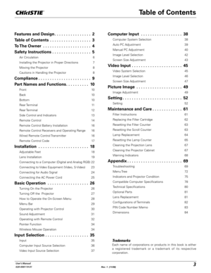 Page 33User's Manual
020-000119-01
Table of Contents
Features and Design................ 2
Table of Contents .................. 3
To The  Owner ..................... 4
Safety Instructions................. 5
Air Circulation  6
Installing the Projector in Proper Directions  7
Moving the Projector  8
Cautions in Handling the Projector  8
Compliance....................... 9
Part Names and Functions.......... 10
Front 10
Back 10
Bottom 10
Rear Terminal  11
Rear Terminal  12
Side Control and Indicators  13...