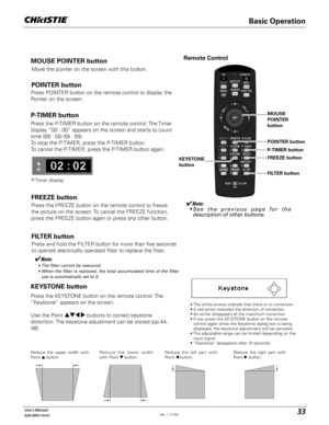 Page 3333User's Manual
020-000119-01
Press the FREEZE button on the remote control to freeze 
the picture on the screen. To cancel the FREEZE function, 
press the FREEZE button again or press any other button.
FREEZE button
FILTER button
Press and hold the FILTER button for more than five seconds 
to operate electrically operated filter to replace the filter.
KEYSTONE button
Reduce the upper width with 
Point ! button. Reduce the lower width 
with Point   button.  Reduce the left part with 
Point button....