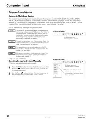 Page 3838User's Manual
020-000119-01
Computer System Selection
This projector automatically tunes to various types of computers based on VGA, SVGA, XGA, SXGA, SXGA+, 
WXGA, UXGA or WUXGA (refer to “Compatible Computer Specifications” on pages 78–79). If a computer is 
selected as a signal source, this projector automatically detects the signal format and tunes to project a proper 
image without any additional settings. (Some computers need to be set manually.) 
One of the following messages may appear...