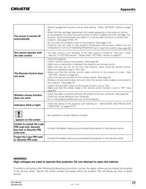 Page 7171User's Manual
020-000119-01
WARNING: 
High voltages are used to operate this projector. Do not attempt to open the cabinet.
If problems still persist after following all operating instructions, contact the dealer where you purchased the projector 
or the service center. Specify the model number and explain about the problem. We will advise you how to obtain 
service.
Appendix
The power is turned off 
automatically.
–  Power management function runs by initial setting.  Check “SETTING” section on...