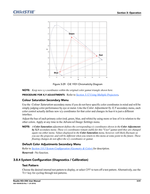 Page 117Section 3: Operation
Roadie HD+35K User Manual3-51020-100340-02 Rev. 1  (01-2010)
 Figure 3-29   CIE 1931 Chromaticity Diagram
NOTE: 
Keep new x,y coordinates within the original color gamut triangle shown here.
PROCEDURE FOR X,Y ADJUSTMENTS.  Refer to Section 3.12 Using Multiple Projectors.
Colour Saturation Secondary Menu
Use the  Colour Saturation secondary menu if you do not have specific color coordinates in mind and will be 
simply judging color performance by eye or meter. Like the 
Color...