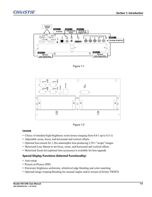 Page 15Section 1: Introduction
Roadie HD+35K User Manual1-5020-100340-02 Rev. 1  (01-2010)
 Figure 1-1
 Figure 1-2
Lenses
• Choice of standard high-brightness zoom lenses (ranging from 0.8:1 up to 8.5:1)
• Adjustable zoom, focus, and horizontal and vertical offsets
• Optional lens mount for 1.26x anamorphic lens producing 2.39:1 scope images
• Motorized Lens Mount to set focus, zoom, and horizontal and vertical offsets
• Motorized Zoom kit (optional lens accessory) is available for lens upgrade
Special Display...