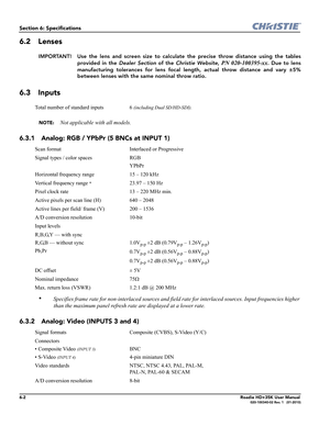 Page 1686-2Roadie HD+35K User Manual020-100340-02 Rev. 1   (01-2010)
Section 6: Specifications
6.2 Lenses
IMPORTANT!  Use the lens and screen size to calculate the precise throw distance using the tables
provided in the Dealer Section of the Christie Website, 
PN 020-100395-xx. Due to lens
manufacturing tolerances for lens focal length, actual throw distance and vary ±5%
between lenses with the same nominal throw ratio.
6.3 Inputs
NOTE: Not applicable with all models.
6.3.1 Analog: RGB / YPbPr (5 BNCs at INPUT...