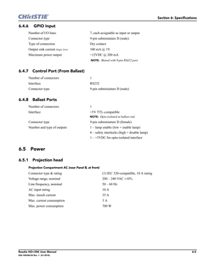 Page 171Section 6: Specifications
Roadie HD+35K User Manual6-5020-100340-02 Rev. 1  (01-2010)
6.4.6  GPIO Input
6.4.7 Control Port (From Ballast)
6.4.8 Ballast Ports
6.5 Power
6.5.1 Projection head
Number of I/O lines 7, each assignable as input or output
Connector type 9-pin subminiature D (male)
Type of connection Dry contact
Output sink current 
(logic low)100 mA @ 1V
Maximum power output +12VDC @ 200 mA
 
NOTE:  Shared with 9-pin RS422 port.
Number of connectors 1
Interface RS232
Connector type 9-pin...