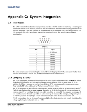 Page 187Roadie HD+35K User ManualC-1020-100340-02 Rev. 1 (01-2010)
Appendix C:  System Integration
C.1 Introduction
The GPIO connector located on the side input panel provides a flexible method of interfacing a wide range of 
external I/O devices to the projector, usually so that an event on one device automatically triggers an event on 
the other. There are 7 GIO pins available on the 9pin D-Sub GPIO connector, which are configurable via RS-
232 commands. The other two pins are reserved for ground and power....