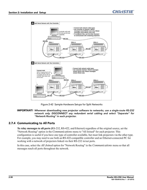 Page 542-38Roadie HD+35K User Manual020-100340-02 Rev. 1   (01-2010)
Section 2: Installation and  Setup 
 Figure 2-42  Sample Hardware Setups for Split Networks
IMPORTANT! Whenever downloading new projector software to networks, use a single-route RS-232
network only. DISCONNECT any redundant serial cabling and select "Separate" for
"Network Routing" in each projector. 
2.7.4 Communicating to All Ports
To relay messages to all ports (RS-232, RS-422, and Ethernet) regardless of the original...