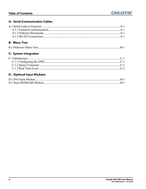 Page 10viRoadie HD+35K User Manual020-100340-02 Rev. 1 (01-2010)
Table of Contents
A:  Serial Communication Cables
A.1 Serial Links to Projector .............................................................................................................A-1
A.1.1 General Communications ....................................................................................................A-1
A.1.2 Software Downloads...