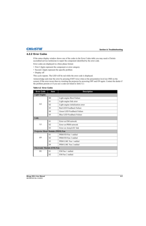 Page 119Section 6: Troubleshooting
Mirage WU-L User Manual6-3020-100774-01 Rev. 2 (4-2012)
6.2.2 Error Codes
If the status display window shows one of the codes in the Error Codes table you may need a Christie 
accredited service technician to repair the component identified by the error code.
Error codes are displayed in a three phase format: 
• First 2 digits represent the component or error category
• Second 2 digits represent the specific problem
• Display off
This cycle repeats. The LED will be red while...