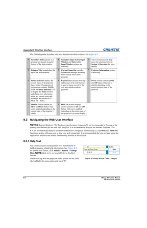 Page 145B-2Mirage WU-L User Manual020-100774-01 Rev. 2 (4-2012)
Appendix B: Web User Interface
The following table describes each area found in the Main window. See Figure B-3.
B.2 Navigating the Web User Interface
NOTICE: Internet Explorer V6.0 has known performance issues and is not recommended to be used as the 
primary web browser for the web user interface. It is recommended that you use Internet Explorer V7.0.
It is not recommended that you use the web browser’s navigation functionality (i.e. the Back and...