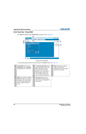 Page 147B-4Mirage WU-L User Manual020-100774-01 Rev. 2 (4-2012)
Appendix B: Web User Interface
B.3.3 Tools Tab - Virtual OSD 
The To o l s tab defaults to the Virtual OSD secondary tab. See Figure B-6.
Figure B-6 Tools Window
 The following table describes each area found in the To o l s window. See Figure B-6.
AVirtual OSD tab presents the 
Main Menu (refer to Appendix 
A, Menu Tree for more details).BThe Maximize/Minimize button 
toggles depending on the current 
state of the projector. When 
maximized, the...