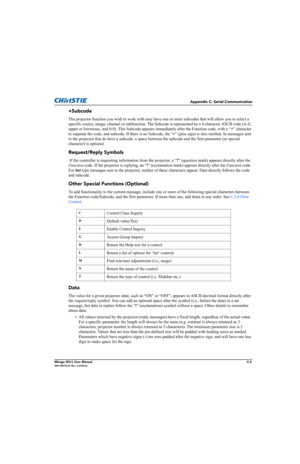 Page 160Appendix C: Serial Communication
Mirage WU-L User ManualC-3020-100774-01 Rev. 2 (4-2012)
+Subcode
The projector function you wish to work with may have one or more subcodes that will allow you to select a 
specific source, image, channel or subfunction. The Subcode is represented by a 4-character ASCII code (A-Z, 
upper or lowercase, and 0-9). This Subcode appears immediately after the Function code, with a “+” character 
to separate the code, and subcode. If there is no Subcode, the “+” (plus sign) is...