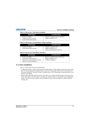 Page 19Section 2: Installation and Setup
Mirage WU-L User Manual2-3020-100774-01 Rev. 2 (4-2012)
2.1.6 Rear Installations
There are 2 basic types of rear screen installations: 
• A diffused screen has a surface, which spreads the light striking it. Purely diffused screens have a gain of less 
than 1.0. The advantage of the diffused screen is its wide viewing angle, similar to that of a flat screen for 
front screen projection. This type of screen is suitable when a wide viewing angle is required but there is...