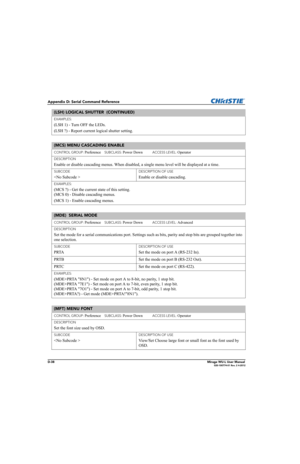 Page 203D-38Mirage WU-L User Manual020-100774-01 Rev. 2 4-2012
Appendix D: Serial Command Reference
EXAMPLES:
(LSH 1) - Turn OFF the LEDs.
(LSH ?) - Report current logical shutter setting.
(MCS) MENU CASCADING ENABLE 
CONTROL GROUP: Preference    SUBCLASS: Power Down           ACCESS LEVEL: Operator
DESCRIPTION
Enable or disable cascading menus. When disabled, a single menu level will be displayed at a time. 
SUBCODE
 
DESCRIPTION OF USE
Enable or disable cascading.
EXAMPLES:
(MCS ?) - Get the current state of...