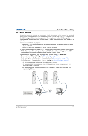 Page 29Section 2: Installation and Setup
Mirage WU-L User Manual2-13020-100774-01 Rev. 2 (4-2012)
2.6.2 Mixed Network
In the mixed network the controller can communicate with the first projector and the command can be relayed 
to each serially connected projector. This configuration is useful if you are using a non-RS232 controller with 
the RS232 linking available between these projectors. The example shows both an RS422-compatible 
controller and an Ethernet-connected PC for working with a network of...