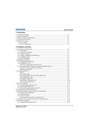 Page 5Table of Contents
Mirage WU-L User Manuali020-100774-01 Rev. 2 (4-2012)
1: Introduction
1.1 Labels and Marking ..................................................................................................................... 1-1
1.2 General Precautions ..................................................................................................................... 1-1
1.3 Safety Warnings and Guidelines...