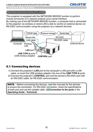 Page 5452Network Guide020-000475-02 Rev. 1 (06-2012)
LX501/LX601i/LW401/LW551i/LWU421/LWU501i
6. Network Bridge Function
This projector is equipped with the NETWORK BRIDGE function to perform 
mutual conversion of a network protocol and a serial interface.
By making use of the NETWORK BRIDGE function, a computer that is connected 
to the projector via wireless or wired LAN is able to control an external device via 
RS-232C communication using the projector as a network terminal.
6.1 Connecting devices
1)...