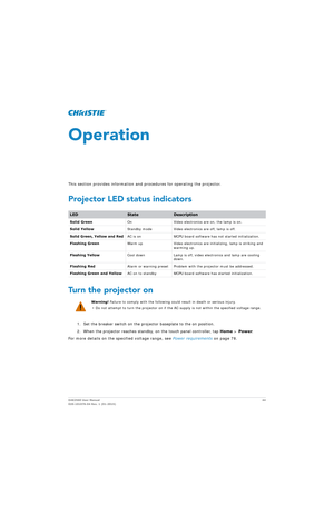 Page 44D4K2560 User Manual44
020-101076-04 Rev. 1 (01-2015)
Operation
This section provides information and procedures for operating the projector.
Projector LED status indicators
Turn the projector on
1. Set the breaker switch on the projector baseplate to the on position.
2. When the projector reaches standby, on the touch panel controller, tap  Home > Power .
For more details on the specified voltage range, see  Power requirements on page 78.
LEDStateDescription
Solid Green On Video electronics are on, the...