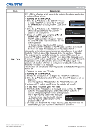 Page 105DWU951/DHD951/DWX951/DXG1051 
Users Manual - Operating Guide020-000661-02 Rev. 1 (06-2014)
Security
Item Description
PIN LOCK
XVHGXQOHVV
DUHJLVWHUHG&RGHLVLQSXW
1 Turning on the PIN LOCK8VHWKHxzEXWWRQVRQWKH6(&85,7