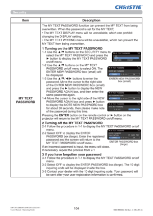 Page 106104DWU951/DHD951/DWX951/DXG1051 
Users Manual - Operating Guide020-000661-02 Rev. 1 (06-2014)
Security
Item Description
MY TEXT 
PASSWORD
7KH0