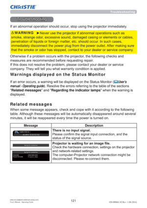 Page 123121DWU951/DHD951/DWX951/DXG1051 
Users Manual - Operating Guide020-000661-02 Rev. 1 (06-2014)
Troubleshooting
7URXEOHVKRRWLQJ
Related messages
WKHIROORZLQJ
WDEOH$OWKRXJKWKHVHPHVVDJHVZLOOEHDXWRPDWLFDOO\GLVDSSHDUHGDURXQGVHYHUDO
Q
War nings displayed on the Status Monitor
RQLWRU(	Users 
manual - Operating guide5HVROYHWKHHUURUVUHIHUULQJWRWKHWDEOHRIWKHVHFWLRQV
Related messagesDQGRegarding the indicator lampsZKHQWKHZDUQLQJLV
GLVSOD\HG
Troubleshooting...