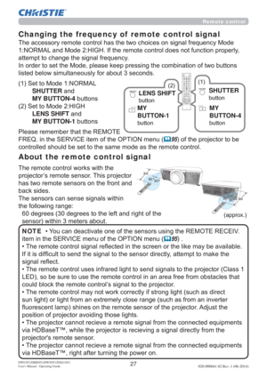 Page 2927DWU951/DHD951/DWX951/DXG1051
Users Manual - Operating Guide020-000661-02 Rev. 1 (06-2014)
About the remote control signal
7KHUHPRWHFRQWUROZRUNVZLWKWKH
SURMHFWRU