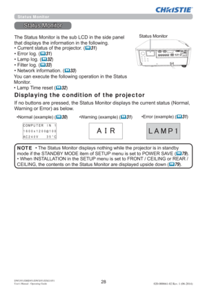 Page 30DWU951/DHD951/DWX951/DXG1051 
Users Manual - Operating Guide020-000661-02 Rev. 1 (06-2014)
Status Monitor
6WDWXV0RQLWRU
Displaying the condition of  the projector

WKDWGLVSOD\VWKHLQIRUPDWLRQLQWKHIROORZLQJ
HQWVWDWXV1RUPDO
:DUQLQJRU(UURUDVEHORZ
6WDWXV0RQLWRU
