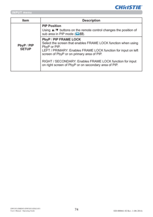 Page 7674DWU951/DHD951/DWX951/DXG1051 
Users Manual - Operating Guide020-000661-02 Rev. 1 (06-2014)
Item Description
PbyP / PIP 
SETUPPIP Position

VXEDUHDLQ3,3PRGH
(	55
PbyP / PIP FRAME LOCK

3E\3RU3,3
/()735,0$5