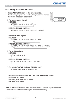 Page 38DWU951/DHD951/DWX951/DXG1051 
Users Manual - Operating Guide020-000661-02 Rev. 1 (06-2014)
Selecting an aspect ratio
€  For a computer signal 
DXG1051:
 1250$/ÆÆ16:9Æ16:10
 

DWX951, DHD951, DWU951: 
 1250$/ÆÆ16:9Æ16:10Æ1$7,9(
 
€For a video signal 
DXG1051:
Æ16:9Æ14:9


DWX951, DHD951, DWU951: 
Æ16:9Æ16:10Æ14:9Æ1$7,9(

€  For an input signal from the LAN, or if there is no signal  
DXG1051:¿[HG
DWX951, DWU951...