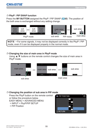 Page 5755DWU951/DHD951/DWX951/DXG1051 
Users Manual - Operating Guide020-000661-02 Rev. 1 (06-2014)
QDUHDLQ
3E\3PRGH €  Changing the size of main area in PbyP mode
3UHVVWKH3E\3EXWWRQRQWKHUHPRWHFRQWURO
RUIROORZWKHSURFHGXUHEHORZ
($6