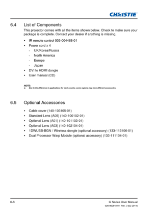 Page 82G Series User Manual020-000648-01  Rev. 3 (02-2014)6-8
This projector comes with all the items shown below. Check to make sure your 
package is complete. Contact your dealer if anything is missing.
6.4  List of Components
 
y IR remote control 003-004468-01
 
y Power cord x 4
 
-
UK/Korea/Russia
 
-
North America
 
-
Europe
 
-
Japan
 
y DVI to HDMI dongle
 
y User manual (CD)
NOTE:
 
™Due to the difference in applications for each country, some regions may\
 have different accessories.
6.5...