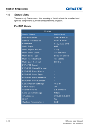 Page 45G Series User Manual020-000648-01  Rev. 3 (02-2014)
Section 4: Operation
4-16
4.5  Status Menu
The read-only Status menu lists a variety of details about the standard \
and 
optional components currently detected in the projector.
For DHD Models 