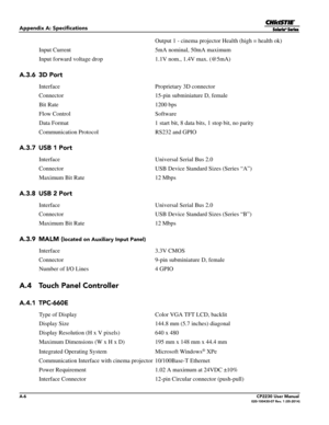 Page 140A-6CP2230 User Manual020-100430-07 Rev. 1 (05-2014)
Appendix A: Specifications
Output 1 - cinema projector Health (high = health ok)
Input Current 5mA nominal, 50mA maximum
Input forward voltage drop 1.1V nom., 1.4V max. (@5mA)
A.3.6 3D Port 
InterfaceProprietary 3D connector
Connector 15-pin subminiature D, female
Bit Rate 1200 bps
Flow Control Software
Data Format  1 start bit, 8 data bits, 1 stop bit, no parity
Communication Protocol RS232 and GPIO
A.3.7 USB 1 Port 
InterfaceUniversal Serial Bus 2.0...