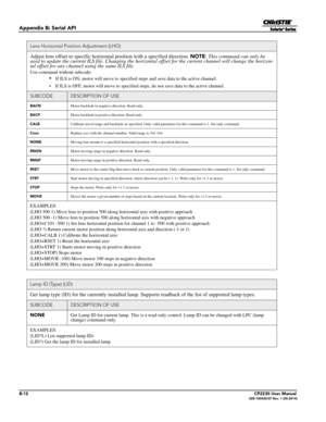 Page 158B-12CP2230 User Manual020-100430-07 Rev. 1 (05-2014)
Appendix B: Serial API
Lens Horizontal Position Adjustment (LHO)
Adjust lens offset to specific horizontal position with a specified direction. NOTE: This command can only be 
used to update the current ILS file . Changing the horizontal offset for the current channel will change the horizon-
tal offset for any channel using the same ILS file.
Use command wi thout subcode:
• If ILS is ON, motor will move to specified  steps and save data to the active...