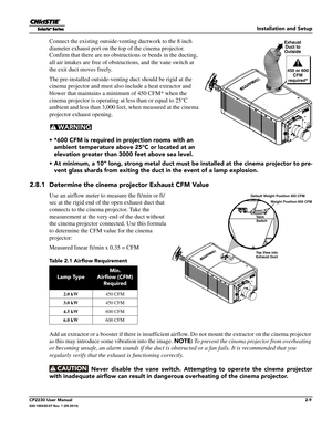 Page 25Installation and Setup
CP2230 User Manual2-9020-100430-07 Rev. 1 (05-2014)
Connect the existing outside-venting ductwork to the 8 inch 
diameter exhaust port on the  top of the cinema projector. 
Confirm that there are no obstructions or bends in the ducting, 
all air intakes are free of obstructions, and the vane switch at 
the exit duct moves freely.
The pre-installed outside-venting  duct should be rigid at the 
cinema projector and must also  include a heat extractor and 
blower that maintains a mini...