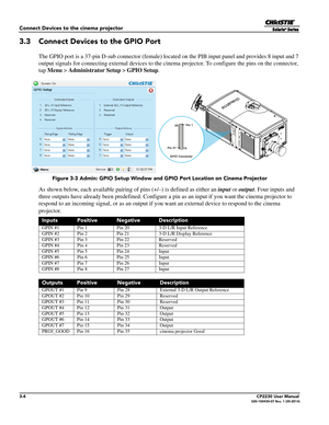 Page 363-4CP2230 User Manual020-100430-07 Rev. 1 (05-2014)
Connect Devices to the cinema projector
3.3 Connect Devices to the GPIO Port
The GPIO port is a 37-pin D-sub connector (female) located on the PIB input panel and provides 8 input and 7 
output signals for connecting external devices to the cinema projector. To configure the pins on the connector, 
tap Menu  > Administrator Setup  > GPIO Setup.
As shown below, each available pairing of  pins (+/–) is defined as either an input or output. Four inputs and...