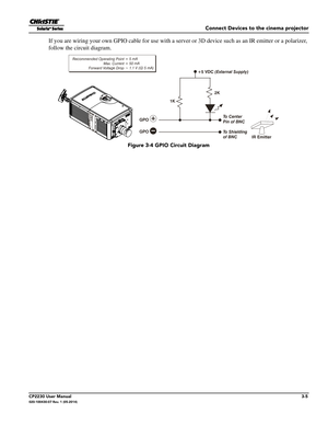 Page 37Connect Devices to the cinema projector
CP2230 User Manual3-5020-100430-07 Rev. 1 (05-2014)
If you are wiring your own GPIO cable for use with a server or 3D device such as an IR emitter or a polarizer, 
follow the circuit diagram.
GPO  GPO 
To  C e n t e rPin of BNC
To Shielding
of BNC
+5 VDC (External Supply)
1K 2K
IR Emitter
Recommended Operating Point 
Max. Current
Forward Voltage Drop = 5 mA
= 50 mA
~ 1.1 V (@ 5 mA)
 Figure 3-4 GPIO Circuit Diagram 