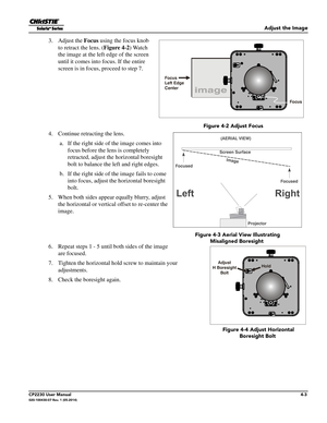 Page 41Adjust the Image
CP2230 User Manual4-3020-100430-07 Rev. 1 (05-2014)
3. Adjust the Focus using the focus knob 
to retract the lens. ( Figure 4-2) Watch 
the image at the left edge of the screen 
until it comes into fo cus. If the entire 
screen is in focus, proceed to step 7. 
4. Continue retracting the lens.   a. If the right side of the image comes into focus before the le ns is completely 
retracted, adjust the horizontal boresight 
bolt to balance the le ft and right edges. 
 b. If the right side of...