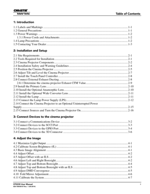 Page 7       Table of Contents
CP2230 User Manuali020-100430-07 Rev. 1 (05-2014)
1: Introduction
1.1 Labels and Markings ........................................................................\
........................................... 1-1
1.2 General Precautions ........................................................................................................ ............. 1-1
1.3 Power Warnings ........................................................................\...