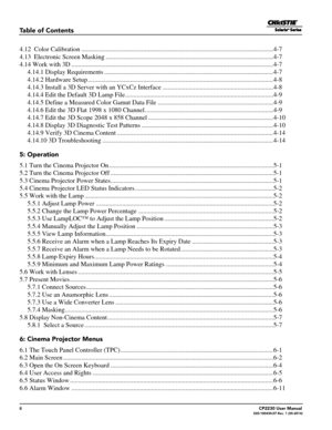 Page 8iiCP2230 User Manual020-100430-07 Rev. 1 (05-2014)
Table of Contents
4.12  Color Calibration ........................................................................\
................................ ..............4-7
4.13 
 Electronic Screen  Masking ........................................................................\
.............................. .4-7
4.14 Work with 3D ........................................................................\
.........................................