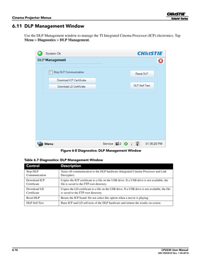 Page 786-16CP2230 User Manual020-100430-07 Rev. 1 (05-2014)
Cinema Projector Menus
6.11 DLP Management Window
Use the DLP Management window to manage the TI Integrated Cinema Processor (ICP) electronics. Tap 
Menu > Diagnostics  > DLP Management .
Table 6.7 Diagnostics: DLP Management Window
ControlDescription
Stop DLP 
Communication Turns off communication to the DLP hardware
 (Integrated Cinema Processor and Link 
Decrypter).
Download ICP 
Certificate Copies the ICP certificate to a file on the USB drive. If...