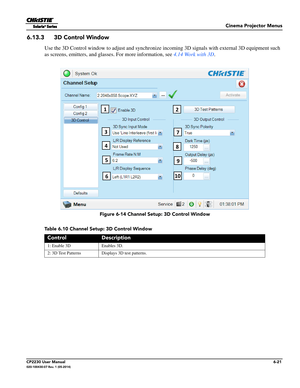 Page 83Cinema Projector Menus
CP2230 User Manual6-21020-100430-07 Rev. 1 (05-2014)
6.13.3 3D Control Window
Use the 3D Control window to adjust and synchronize incoming 3D signals with external 3D equipment such 
as screens, emitters, and glasses . For more information, see 4.14 Work with 3D.
Table 6.10 Channel Setup: 3D Control Window
ControlDescription
1: Enable 3D Enables 3D. 
2: 3D Test Patterns Disp lays 3D test patterns.
 Figure 6-14 Channel Setup: 3D Control Window
12
3
4
5
7
8
9
106 