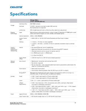 Page 77Mirage WQ-L User Manual77
020-101372-02 Rev. 1 (10-2014)
Specifications
Mirage WQ-L   
(P/N: 130-001102-xx)
Image luminous flux 800 ANSI lumens
contrast 10,000:1 dynamic contrast (under LED control)
No mechanical iris required
uniformity 95% bright ness and color uniformity after electronic adjustment
Display 
technology type
Revolutionary solid state projector using  a single TI Darkchip 3™ DMD with a sold 
state illumination engine (no color wheel) and sealed optics
native resolution 2560 x 1600 WQXGA...