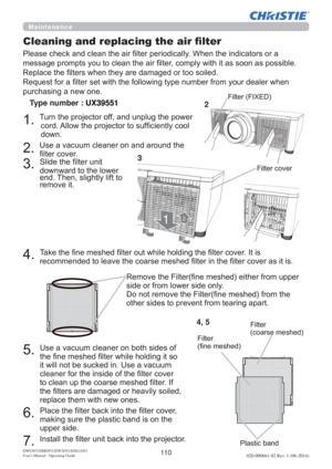 Page 11211 0DWU951/DHD951/DWX951/DXG1051 
Users Manual - Operating Guide020-000661-02 Rev. 1 (06-2014)
Maintenance
8VHDYDFXXPFOHDQHURQERWKVLGHVRI
WKH¿QHPHVKHG¿OWHUZKLOHKROGLQJLWVR
LWZLOOQRWEHVXFNHGLQ8VHDYDFXXP
FOHDQHUIRUWKHLQVLGHRIWKH¿OWHUFRYHU
WRFOHDQXSWKHFRDUVHPHVKHG