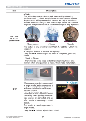Page 6664DWU951/DHD951/DWX951/DXG1051 
Users Manual - Operating Guide020-000661-02 Rev. 1 (06-2014)
IMAGE SETTINGS menu
Item Description
PICTURE 
QUALITY 
(continued)eClarity

DU
DVSLFWXUHVRQD