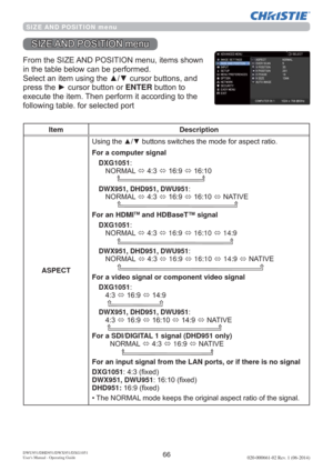 Page 6866DWU951/DHD951/DWX951/DXG1051 
Users Manual - Operating Guide020-000661-02 Rev. 1 (06-2014)
SIZE AND POSITION menu
6,=($1326,7,21PHQX
)URPWKH6,=($1326,7,21PHQXLWHPVVKRZQ
LQWKHWDEOHEHORZFDQEHSHUIRUPHG
6HOHFWDQLWHPXVLQJWKHxzFXUVRUEXWWRQVDQG
SUHVVWKHyFXUVRUEXWWRQRUENTEREXWWRQWR
H[HFXWHWKHLWHP7KHQSHUIRUPLWDFFRUGLQJWRWKH
IROORZLQJWDEOHIRUVHOHFWHGSRUW 
Item Description
ASPECT8
 
For a computer signal
DXG1051
 1250$/
Ù
Ù
Ù...